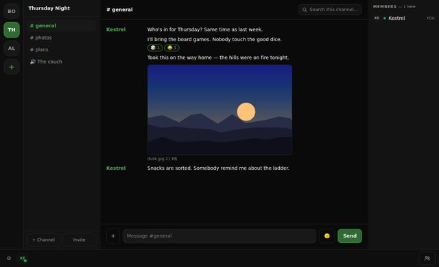 Ein Server mit einem geteilten Foto und Reaktionen
